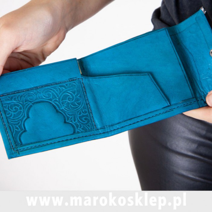 Skórzany portfel wykonany ręcznie w Maroku niebieski || Maroko Sklep