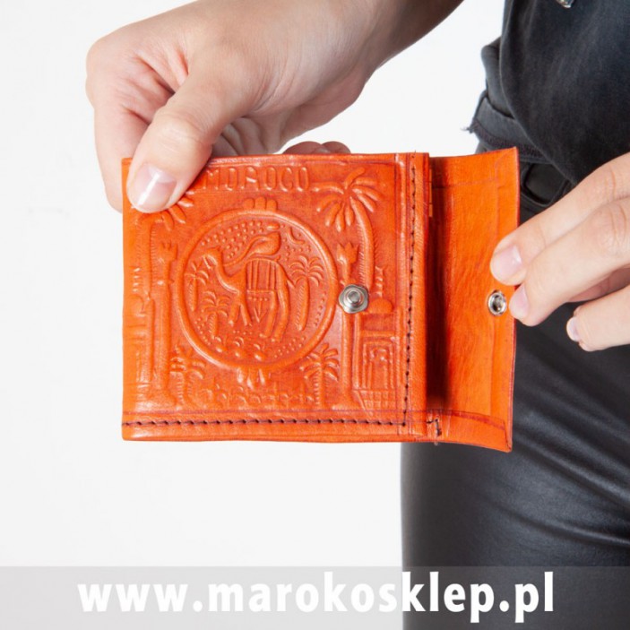 Skórzany portfel wykonany ręcznie w Maroku pomarańczowy || Maroko Sklep