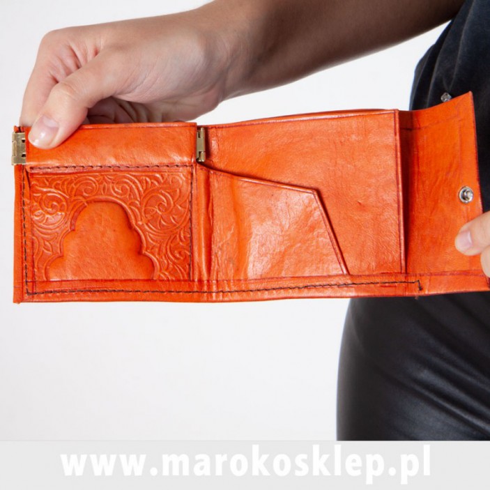 Skórzany portfel wykonany ręcznie w Maroku pomarańczowy || Maroko Sklep