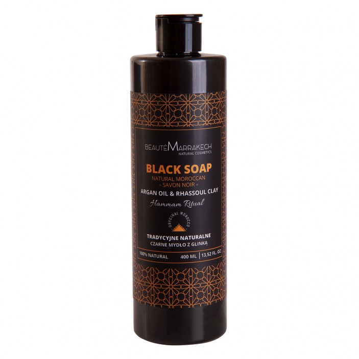 Naturalne czarne mydło Savon Noir z olejem arganowym i odżywczą glinką Rhassoul - żel pod prysznic 400ml Beaute Marrakech || Maroko Sklep 