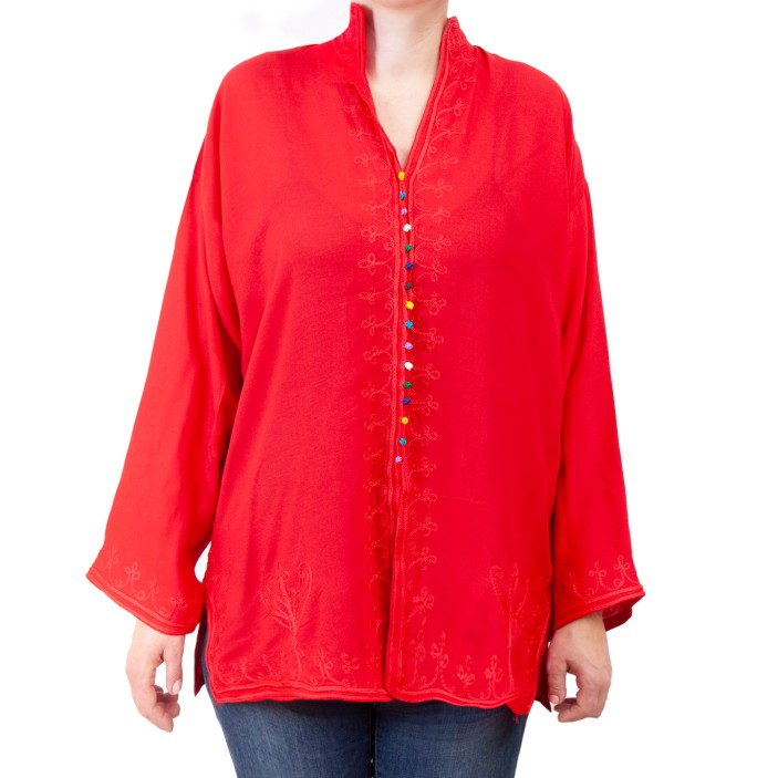 Czerwona bluzka ręcznie zdobiona w marokańskie wzory || Maroko Sklep (1)