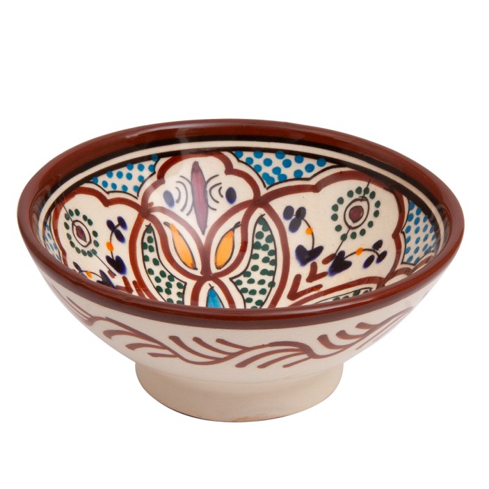 Marokańska miska wykonana z czerwonej gliny, szkliwiona na biało i pomalowana w brązowo-kolorowe, geometryczne wzory. Miseczka stylizowana na słynną ceramikę z miasta Fez. (1)