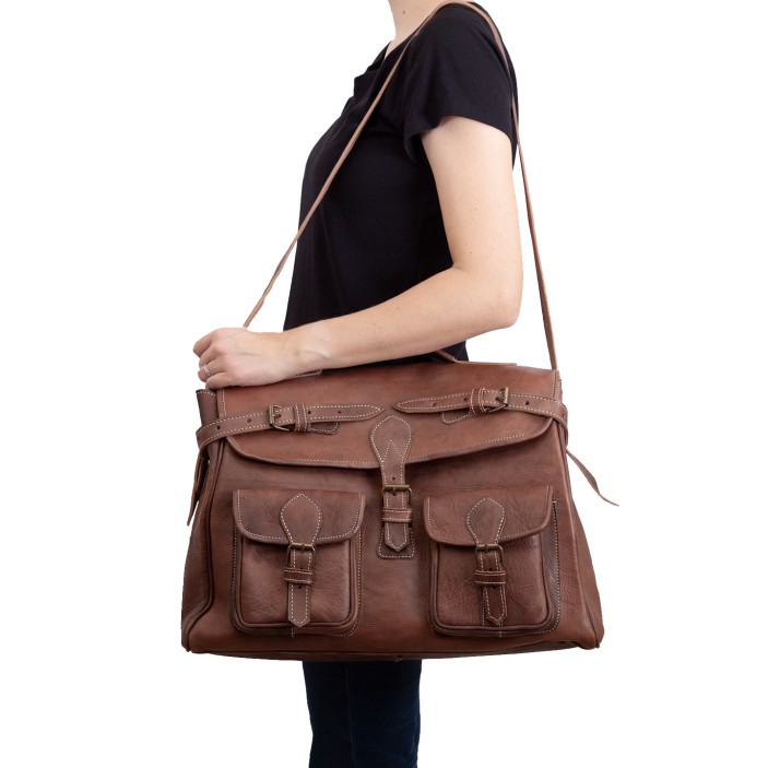 Torba podróżna handmade z Maroka. Skóra naturalna, pojemna, styl vintage, praktyczna torba na wyjazd, do pracy lub na prezent. (1)