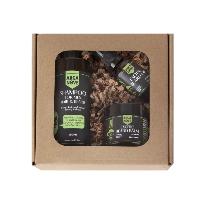 Zestaw kosmetyków męskich do mycia i pielęgnacji brody. W zestawie znajduje się pełnowartościowy szampon do mycia włosów i brody ziołowy STRONG 200 ml, olejek do brody egzotyczny 30 ml i balsam do brody egzotyczny 50 ml. (1)