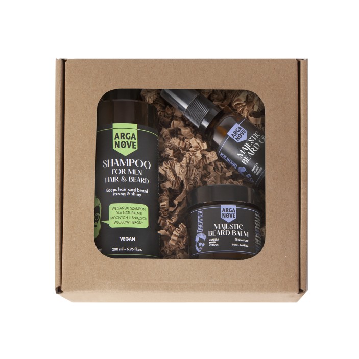 W zestawie znajdują się produkty przeznaczone do kompleksowej pielęgnacji brody i włosów. W zestawie znajduje się pełnowartościowy szampon do mycia włosów i brody ziołowy STRONG 200ml, olejek do brody majestyczny 30 ml oraz balsam do brody majestyczny 50 ml (1)