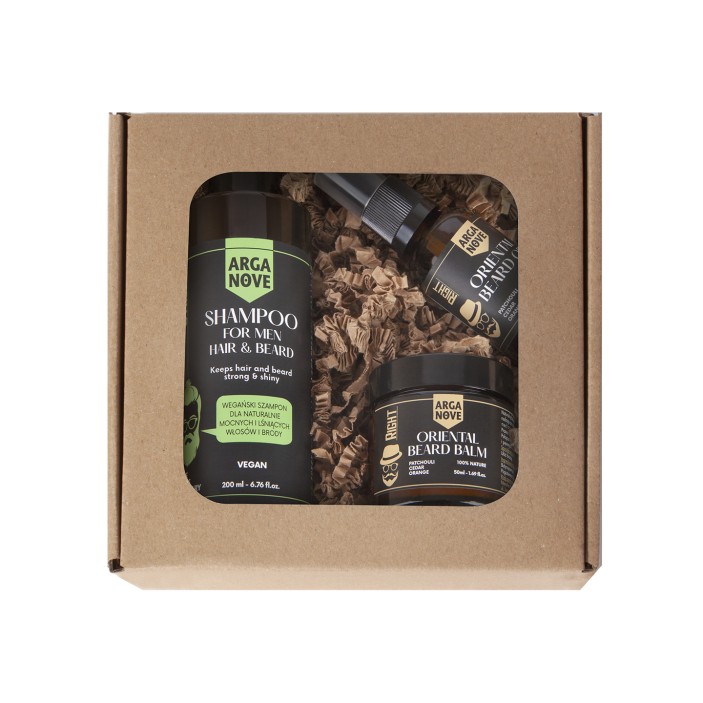 Zestaw naturalnych kosmetyków do pielęgnacji brody i włosów. W zestawie znajdują się pełnowartościowe produkty: szampon do mycia włosów i brody STRONG 200 ml, olejek do brody 30 ml i balsam do brody 50 ml (1)