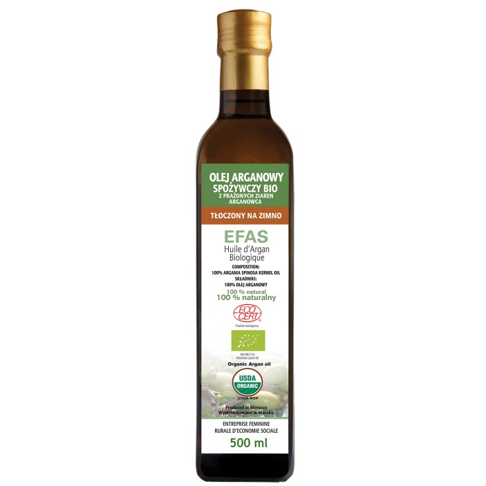 Marokański olej arganowy spożywczy zapakowany jest w kwadratową butelkę z ciemnego szkła, która chroni olej przed niekorzystnym działaniem czynników zewnętrznych. Butelka zamknięta jest maraską, która ułatwia dozowanie oleju w komfortowy sposób do potraw, bez jego rozlewania. Olej arganowy polecany do do codziennego spożywania jako Suplement diety lub jako dodatek do sałatek, dipów, sosów, zup i tradycyjnych potraw marokańskich. (1)