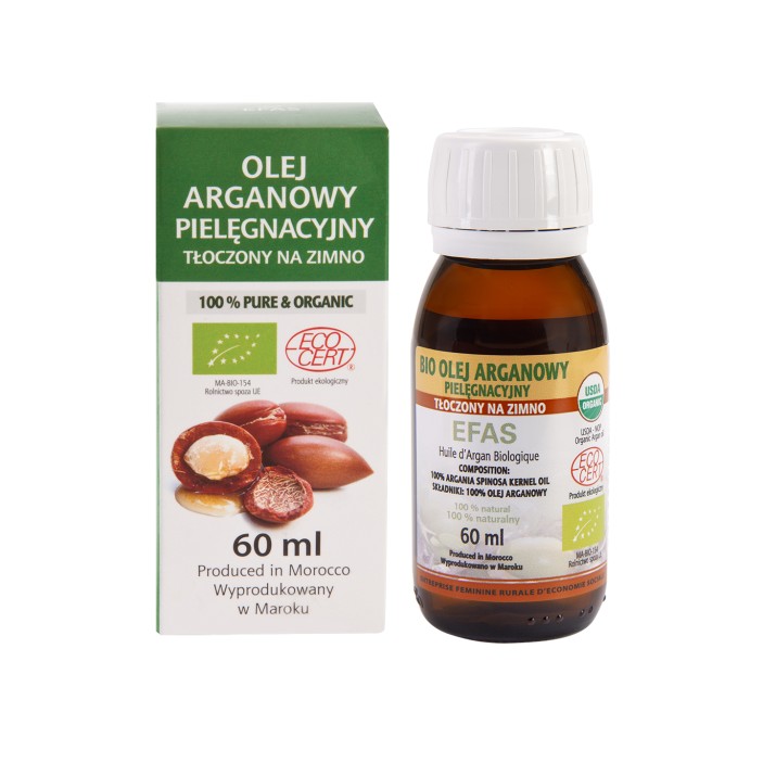 Olej arganowy znajduje się w butelce z ciemnego szkła, zamkniętej nakrętką. Butelka zapakowana jest oryginalnie w biało zielony kartonik z wizerunkiem orzechów arganii na froncie. Olej arganowy może być wykorzystany do pielęgnacji twarzy, ciała i włosów. (1)