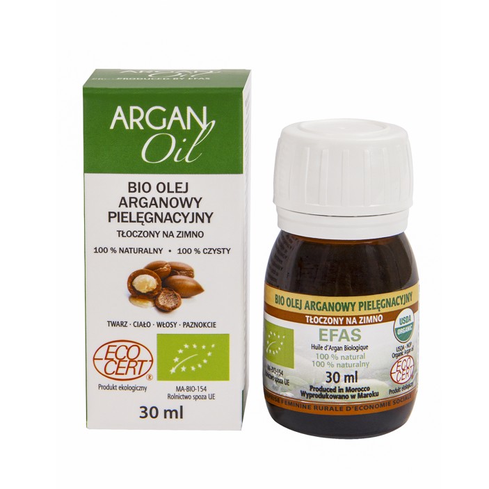 Olej arganowy znajduje się w butelce z ciemnego szkła, zamkniętej nakrętką. Butelka zapakowana jest oryginalnie w biało zielony kartonik z wizerunkiem orzechów arganii na froncie. Olej arganowy może być wykorzystany do pielęgnacji twarzy, ciała i włosów. Pojemność szklanej butelki to 30 ml. (1)