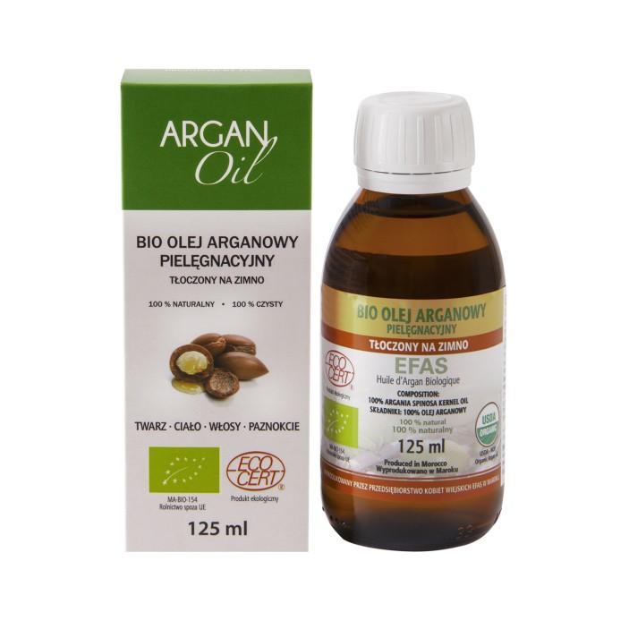 Olej arganowy znajduje się w butelce z ciemnego szkła, zamkniętej nakrętką. Butelka zapakowana jest oryginalnie w biało zielony kartonik z wizerunkiem orzechów arganii na froncie. Olej arganowy może być wykorzystany do pielęgnacji twarzy, ciała i włosów. (1)