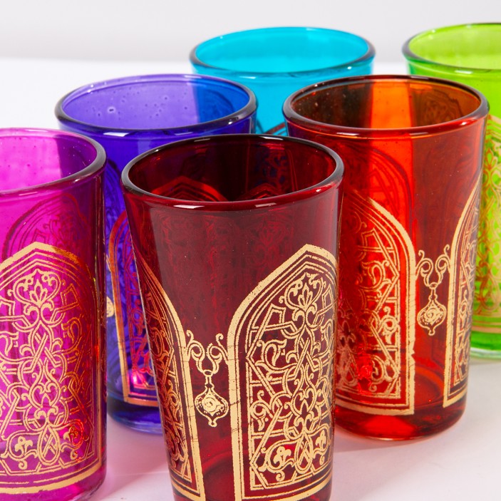 Marokańskie szklanki ręcznie zdobione różnokolorowe złotą bramą zestaw 6sztuk || Maroko Sklep (1)