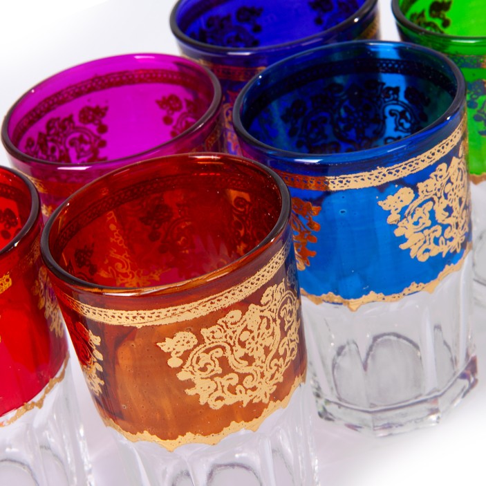 Marokańskie szklanki ręcznie zdobione złotem, dwukolorowe zestaw 6 sztuk || Maroko Sklep (1)