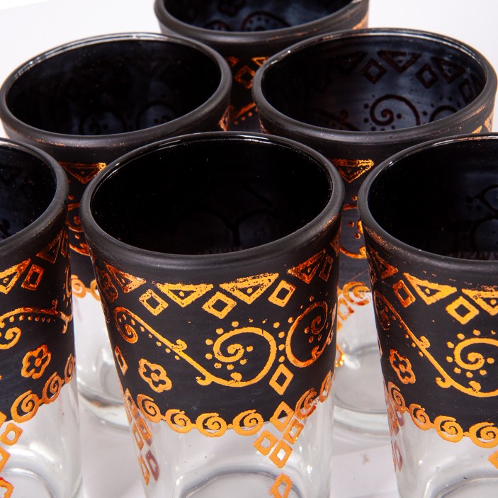 Marokańskie szklanki ręcznie zdobione złotem, czarne zestaw 6 sztuk || Maroko Sklep (1)