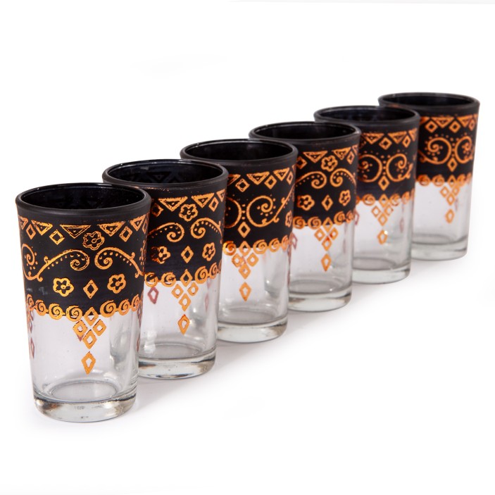 Marokańskie szklanki ręcznie zdobione złotem, czarne zestaw 6 sztuk || Maroko Sklep (2)