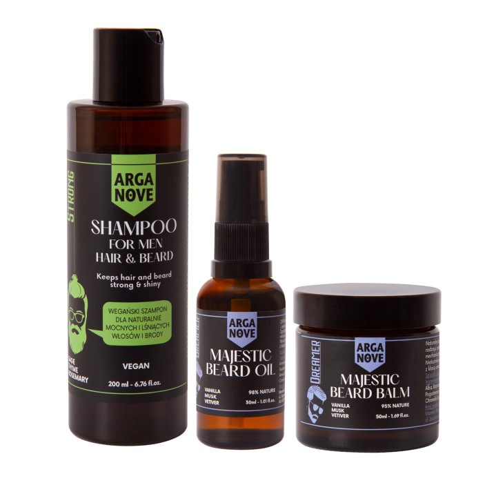 W zestawie znajdują się produkty przeznaczone do kompleksowej pielęgnacji brody i włosów. W zestawie znajduje się pełnowartościowy szampon do mycia włosów i brody ziołowy STRONG 200ml, olejek do brody majestyczny 30 ml oraz balsam do brody majestyczny 50 ml (2)