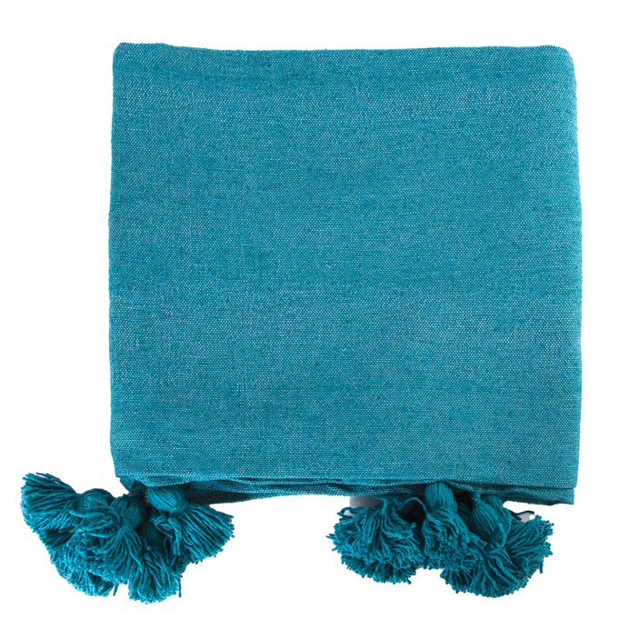 Morska narzuta bawełniana w kolorze turkusowym. Ręcznie tkany pled z frędzlami. Energetyczny dodatek w stylu boho do sypialni i salonu. (1)