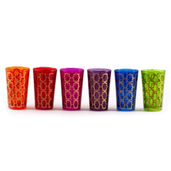 Marokańskie szklanki kolorowe ze złotą mozaiką Ręka Fatimy 6 sztuk | Maroko Sklep|