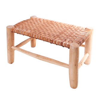 Ręcznie rzeźbiona ławka ogrodowa drewniana ze skórzanym siedziskiem | Maroko Sklep|