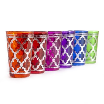 Marokańskie szklanki różnokolorowe ze srebrnym wzorem ażur 6 sztuk  Maroko Sklep