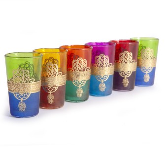 Marokańskie szklanki różnokolorowe z złotą ręką Fatimy 6 sztuk  Maroko Sklep