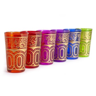 Marokańskie szklanki różnokolorowe ze złotym wzorem witraż 6 sztuk | Maroko Sklep|