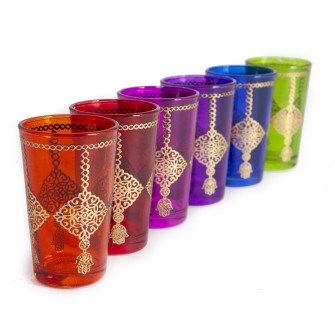 Marokańskie szklanki kolorowe ze złotym wzorem łańcuszkiem 6 sztuk  Maroko Sklep