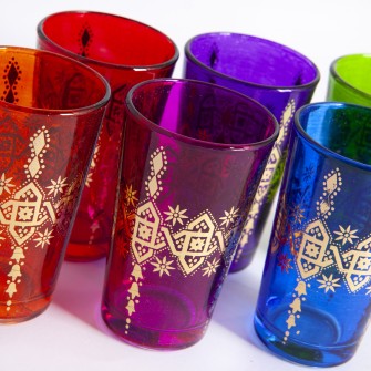 Marokańskie szklanki kolorowe ze złotym orientalnym wzorem 6 sztuk  Maroko Sklep