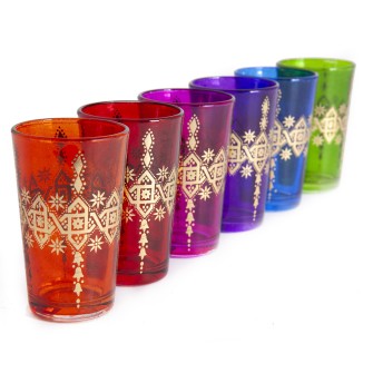 Marokańskie szklanki kolorowe ze złotym orientalnym wzorem 6 sztuk | Maroko Sklep|