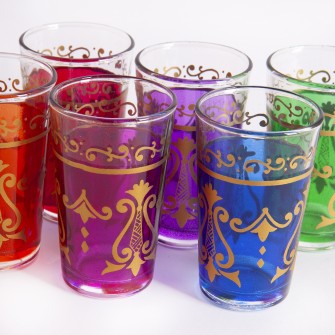 Marokańskie szklanki kolorowe ze złotym wzorem i przezroczystym rantem 6 sztuk  Maroko Sklep