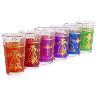 Marokańskie szklanki kolorowe ze złotym wzorem i przezroczystym rantem 6 sztuk | Maroko Sklep|