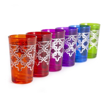 Marokańskie szklanki kolorowe ze srebrnym wzorem koniczyny 6 sztuk  Maroko Sklep