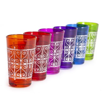 Marokańskie szklanki kolorowe ze srebrnym wzorem brama 6 sztuk | Maroko Sklep|