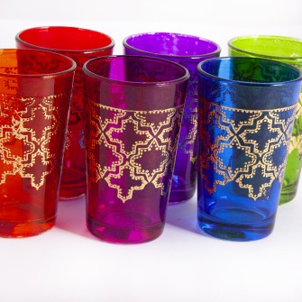 Marokańskie szklanki kolorowe ze złotym wzorem koniczyny  6 sztuk  Maroko Sklep