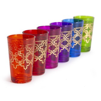 Marokańskie szklanki kolorowe ze złotym wzorem koniczyny  6 sztuk | Maroko Sklep|