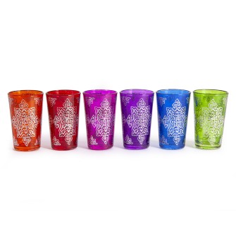 Marokańskie szklanki kolorowe ze srebrnym ornamentem 6 sztuk | Maroko Sklep|
