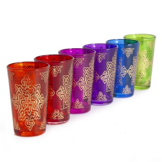 Marokańskie szklanki kolorowe ze złotym ornamentem 6 sztuk | Maroko Sklep|