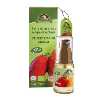 Obrazek dla: Olej z opuncji figowej zapakowany jest w szklaną butelkę z przezroczystego szkła oraz wysoką, złotą pompkę ułatwiającą dozowanie produktu. Oryginalnie olej zapakowany jest w zielony kartonik z wizerunkiem owocu opuncji figowej, z którego pozyskuje się małe pestki, do wytłoczenia tego cennego surowca. Olej z opuncji figowej polecany jest do pielęgnacji skóry dojrzałej oraz z pierwszymi oznakami starzenia. Redukuje widoczność zmarszczek oraz poprawia napięcie skóry.