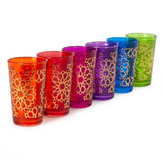 Marokańskie szklanki ręcznie zdobione różnokolorowe ze złotą mandalą zestaw 6sztuk | Maroko Sklep|