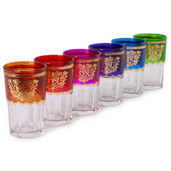 Marokańskie szklanki ręcznie zdobione złotem, dwukolorowe zestaw 6 sztuk | Maroko Sklep|