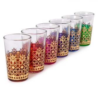 Marokańskie szklanki ręcznie zdobione złotem,  barwione u podstawy zestaw 6 sztuk | Maroko Sklep|