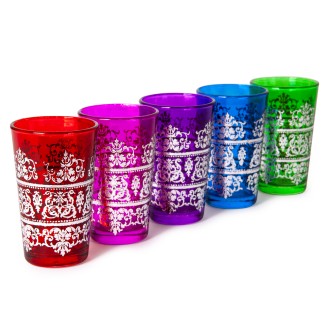 Marokańskie szklanki ręcznie zdobionesrebrnym wzorem wielokolorowe 5 sztuk| OUTLET || Maroko Sklep|