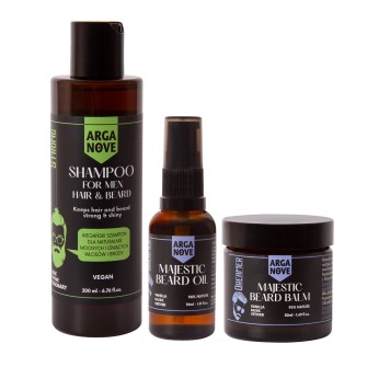 W zestawie znajdują się produkty przeznaczone do kompleksowej pielęgnacji brody i włosów. W zestawie znajduje się pełnowartościowy szampon do mycia włosów i brody ziołowy STRONG 200ml, olejek do brody majestyczny 30 ml oraz balsam do brody majestyczny 50 ml