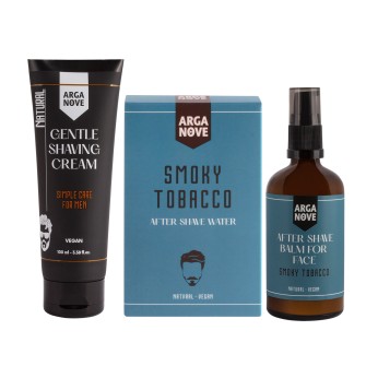 Zestaw kosmetyków dla mężczyzn do pielęgnacji skóry po goleniu wraz z naturalnym, łagodnym kremem do golenia. Zestaw zawiera pełnowartościowe produkty: Woda po goleniu Smoky Tobacco 100 ml, Krem do golenia Simple Care 100ml, Balsam po goleniu Smoky Tobacco 100 ml