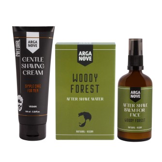 Zestaw kosmetyków dla mężczyzn do pielęgnacji skóry po goleniu wraz z naturalnym, łagodnym kremem do golenia. Zestaw zawiera pełnowartościowe produkty: Woda po goleniu Woody Forest 100 ml, Krem do golenia Simple Care 100ml, Balsam po goleniu Woody Forest 100 ml