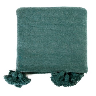 Obrazek dla: Duża narzuta bawełniana w kolorze butelkowej zieleni. Ręcznie tkany pled z ozdobnymi chwostami. Marokański styl do sypialni i salonu.