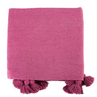 Obrazek dla: Kwadratowa narzuta bawełniana w kolorze malinowym. Ręcznie tkany pled z frędzlami. Wyrazisty dodatek w stylu boho do salonu i sypialni.