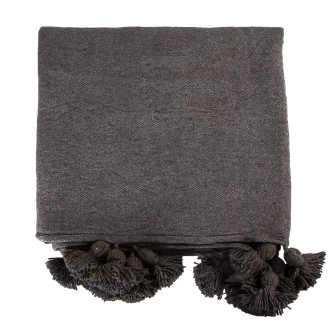 Obrazek dla: Grafitowa narzuta bawełniana. Ręcznie tkany pled w kolorze ciemnoszarym z ozdobnymi chwostami. Idealny dodatek do wnętrz loftowych i nowoczesnych.