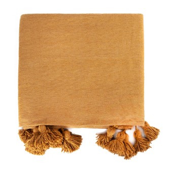 Obrazek dla: Miodowa narzuta bawełniana. Ręcznie tkany pled w kolorze musztardowym z ozdobnymi chwostami. Ciepły dodatek do salonu i sypialni.