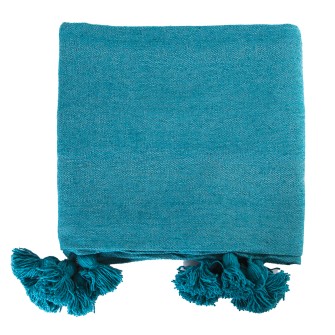 Obrazek dla: Morska narzuta bawełniana w kolorze turkusowym. Ręcznie tkany pled z frędzlami. Energetyczny dodatek w stylu boho do sypialni i salonu.