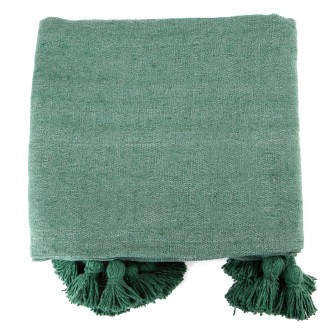 Obrazek dla: Szałwiowa narzuta bawełniana. Ręcznie tkany pled w kolorze zielonym z ozdobnymi chwostami. Naturalny dodatek w stylu boho i eko.
